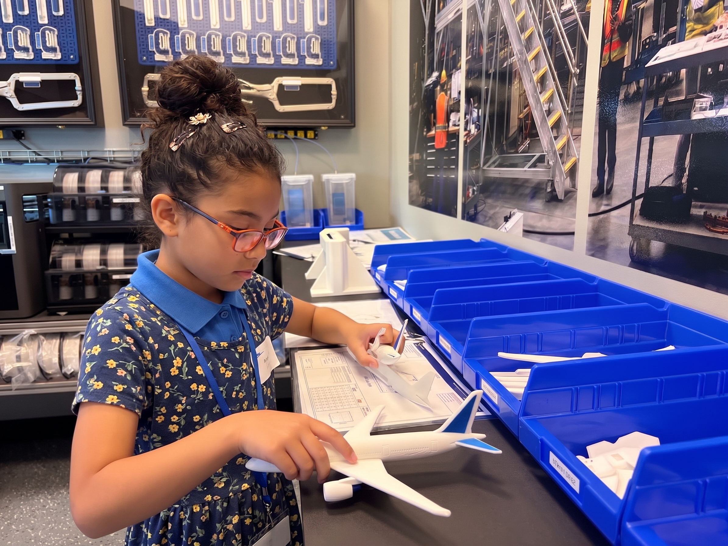 A student compares a printed aircraft part against a finished model beside labeled parts bins