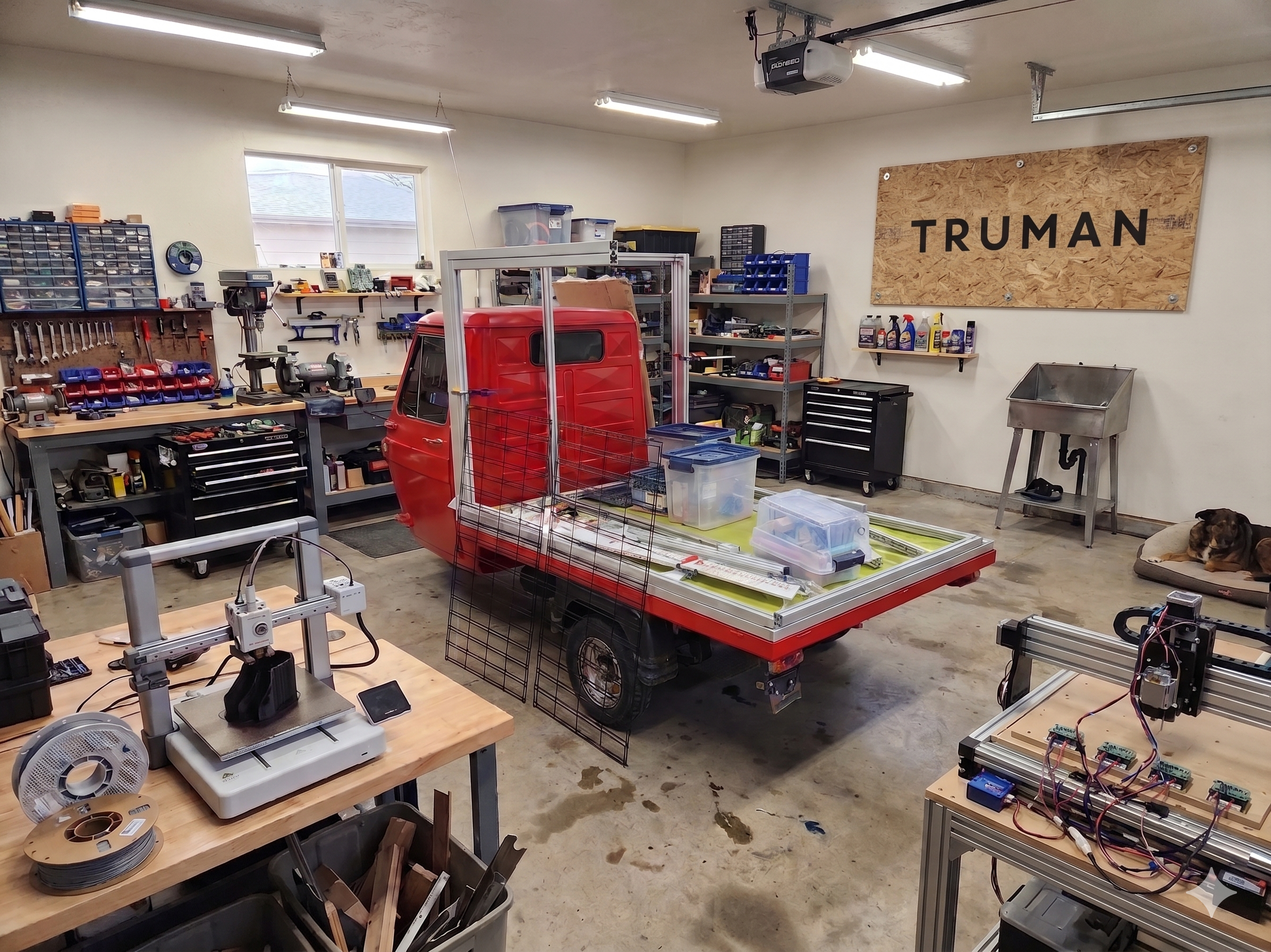 Mid-build in Treble20’s shop — the retail superstructure and display grid taking shape on the stripped chassis