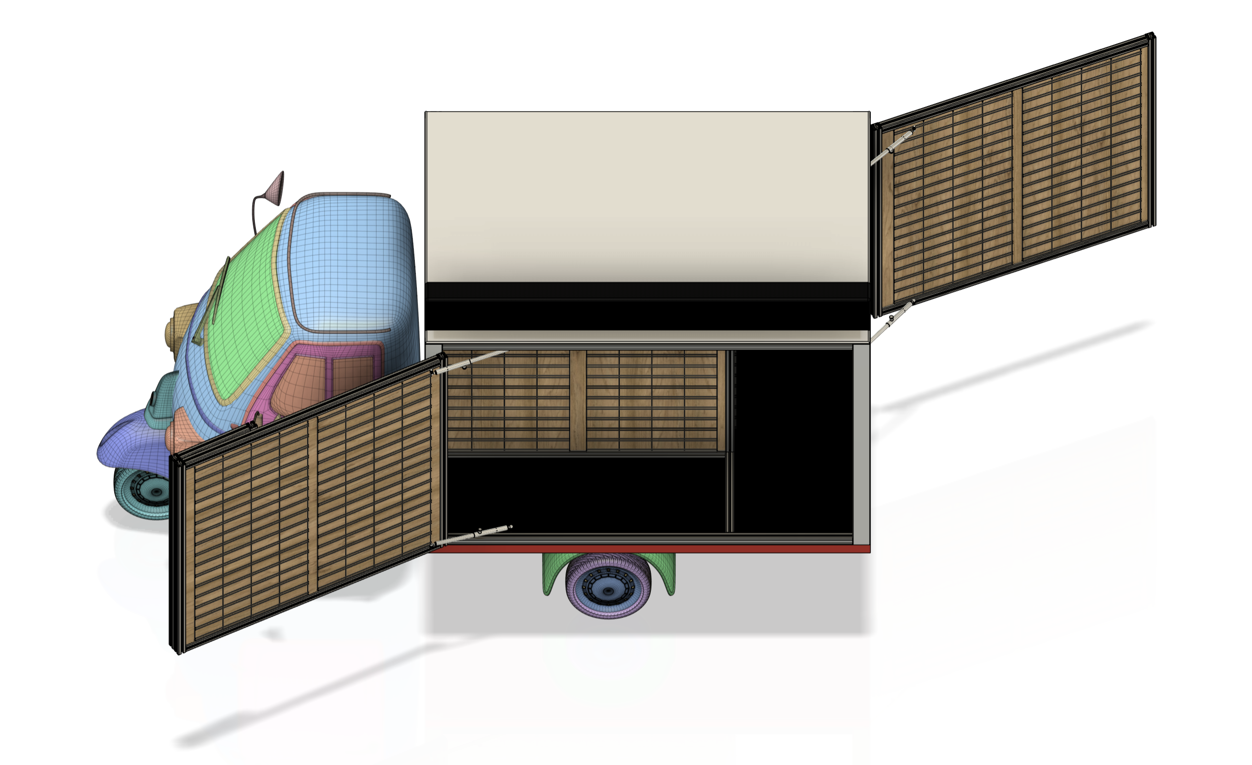 Design study — the fold-out display walls and slatwall panels mapped over the three-wheel chassis