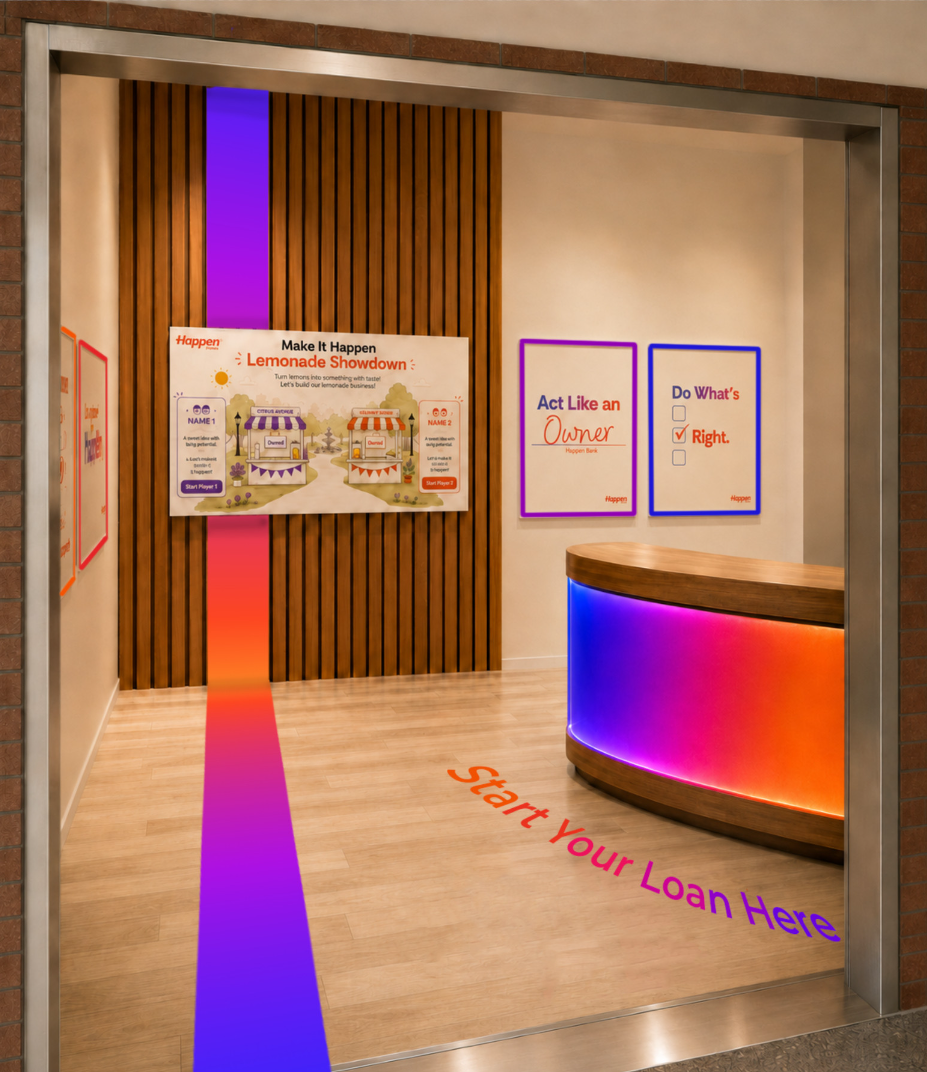 Branch entrance rendering showing an illuminated floor path leading guests toward the loan desk