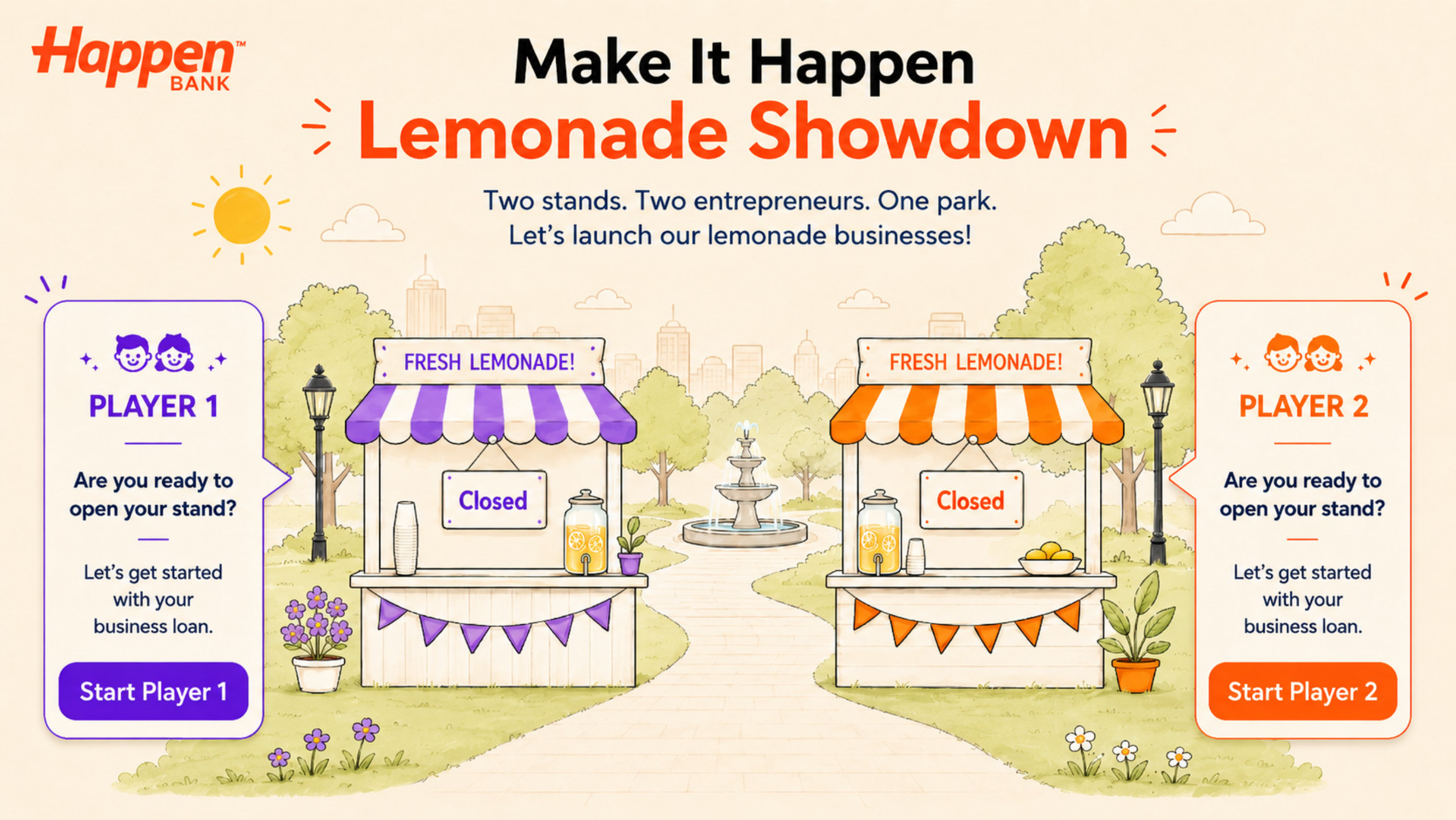 Lemonade Showdown game screen — two players choose their stand and start their business loan