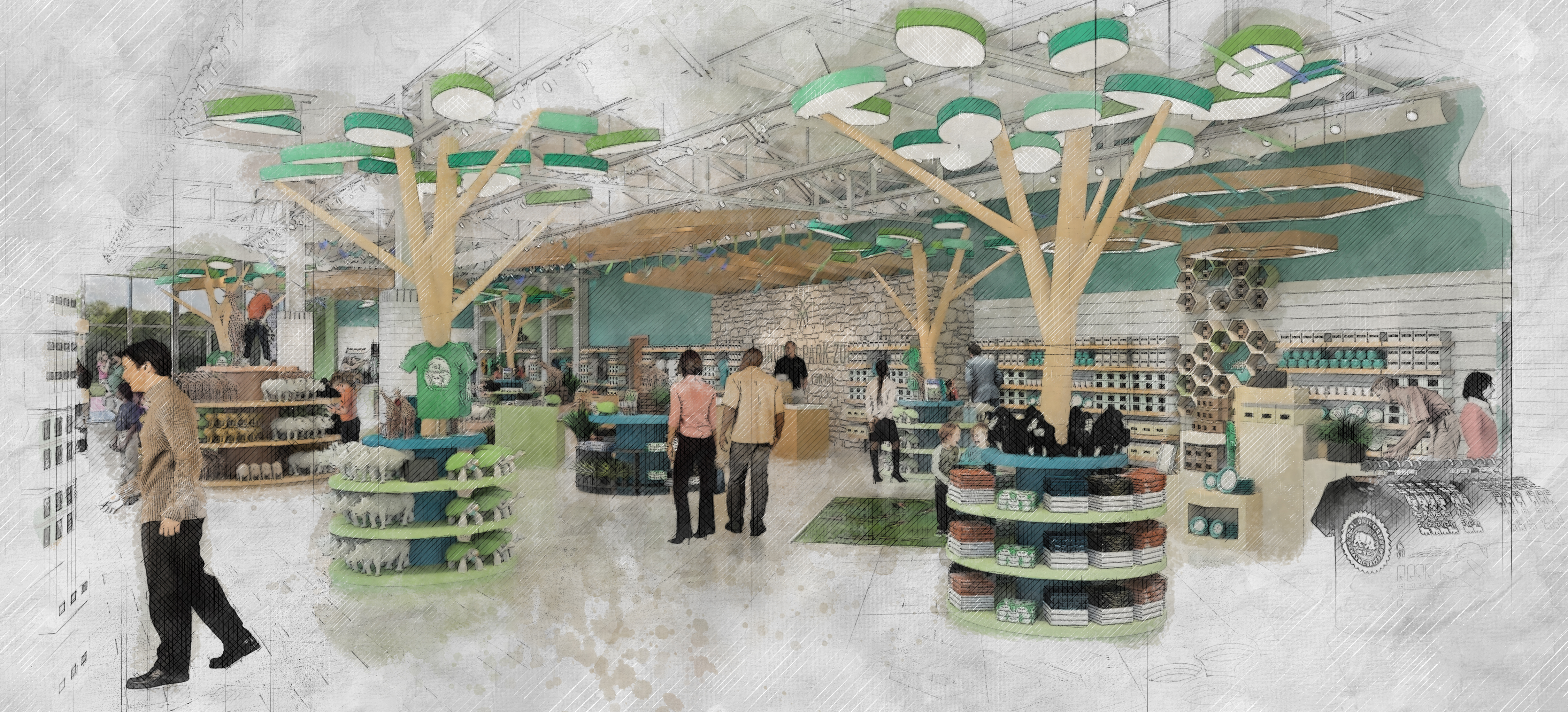 Concept rendering — sculptural tree canopies and a green-leaf ceiling drifting over the sales floor