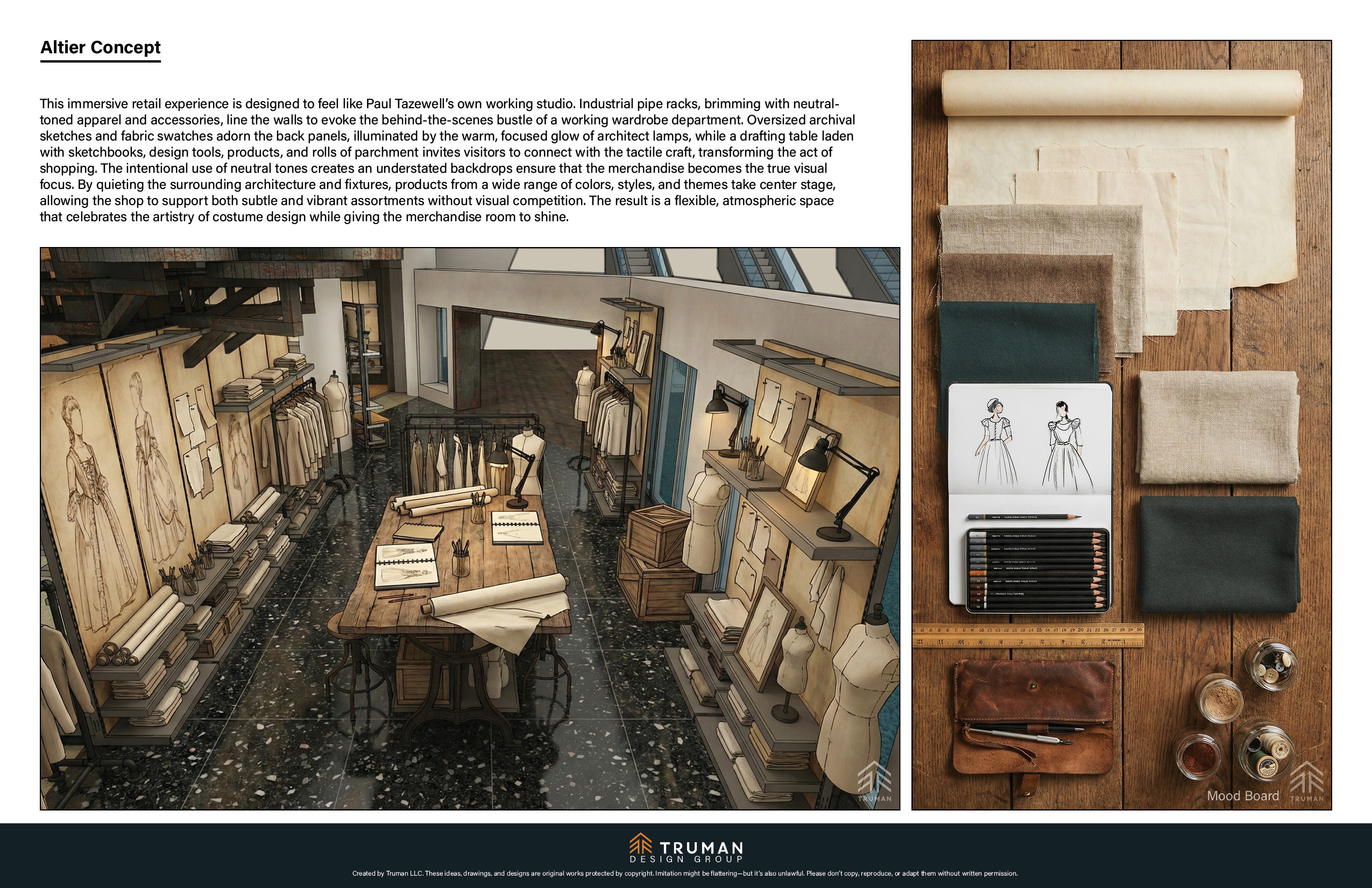 Atelier Concept board — neutral-toned working studio with industrial pipe racks, oversized archival sketches, architect lamps, and a drafting table