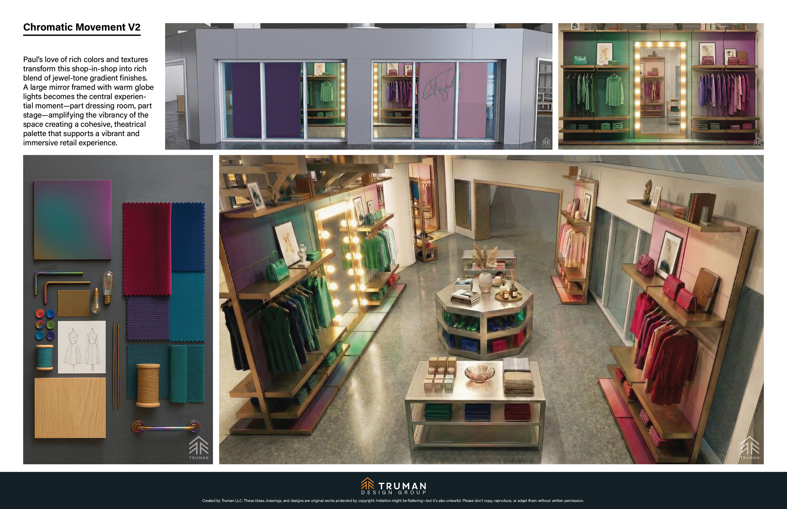Chromatic Movement concept board — jewel-tone gradient shop-in-shop with a globe-lit mirror at center and rich color samples