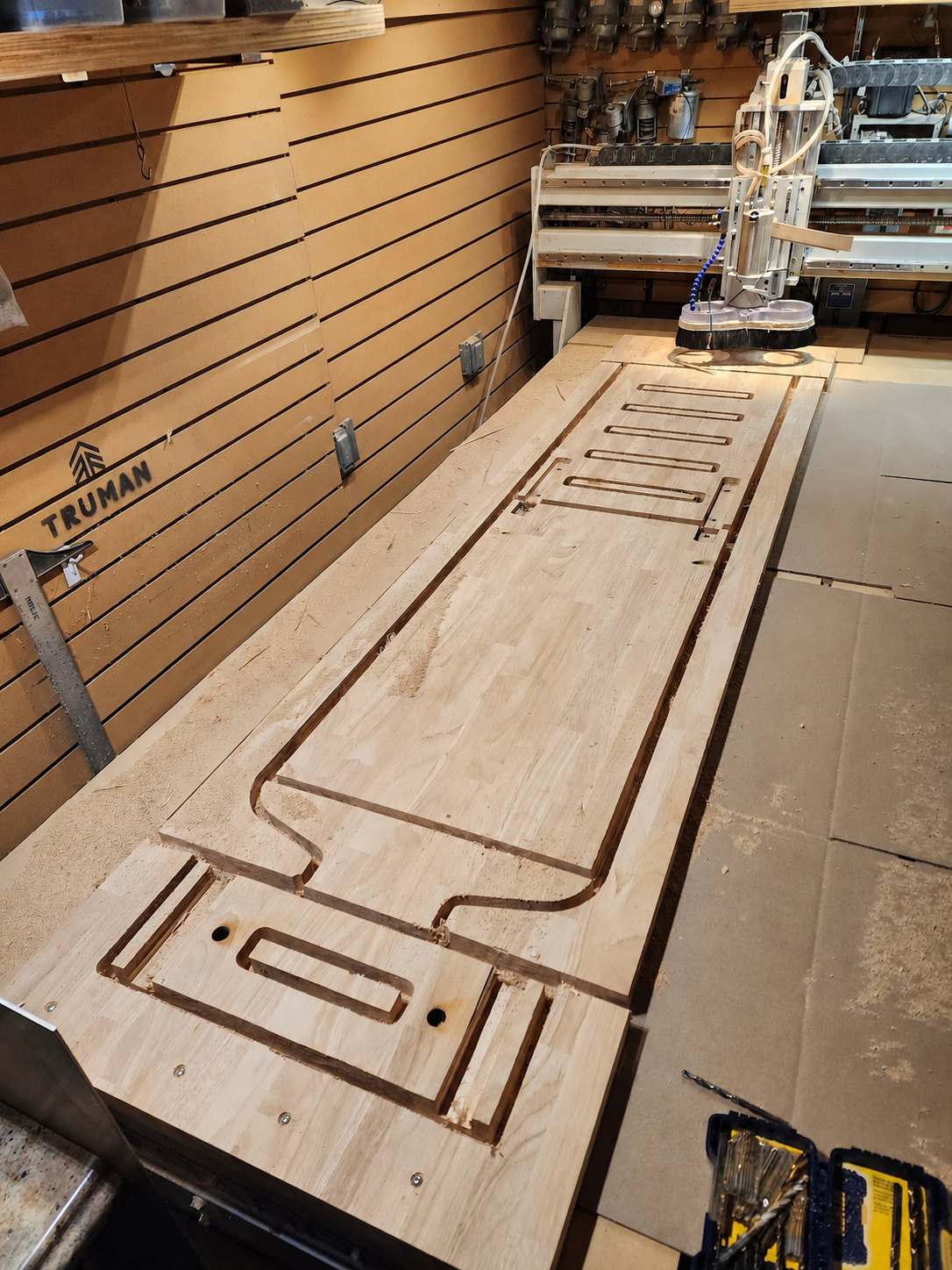 The counter casework laid out on the CNC bed in Treble20’s own shop