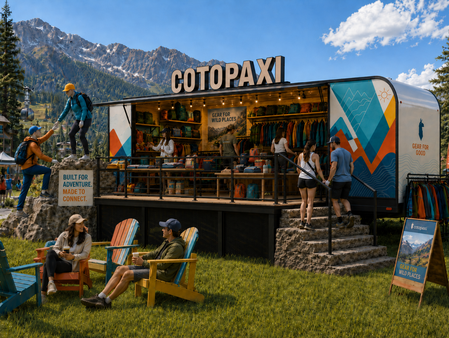 The trailer deployed as a Cotopaxi mountainside pop-up shop — sidewall open into a full retail storefront with merchandised gear, stairs, and an outdoor lounge