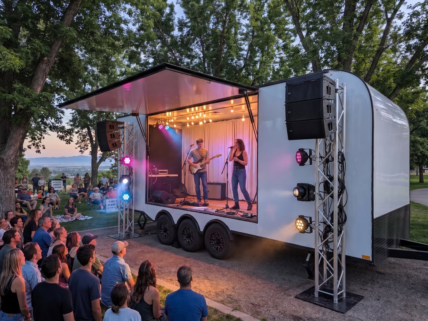 The trailer in stage mode — sidewall lifted into a canopy, truss towers with lighting and line-array speakers flanking a live band performing to a seated outdoor crowd at dusk
